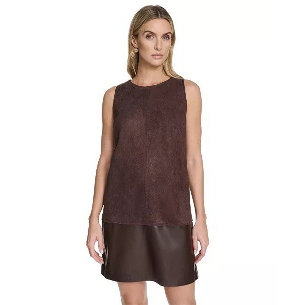 CALVIN KLEIN New Women's Dress 8 Faux Suede Leather Panel Brown Sleeveless Shift
